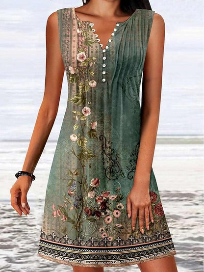 Women's Casual Dress Ethnic Dress Tank Dress Floral Button Print V Neck Mini Dress Fashion Ethnic Daily Holiday Sleeveless Regular Fit Red Blue Green Summer Spring S M L XL XXL - LuckyFash™