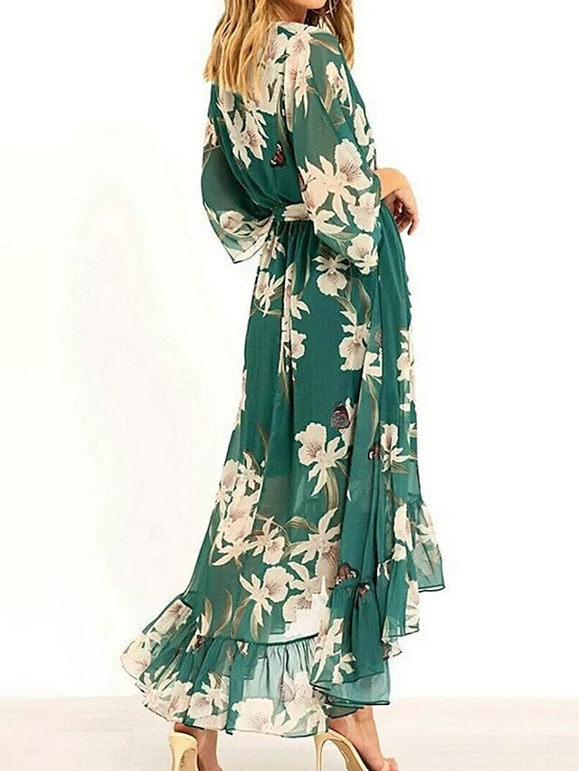 Women's Long Dress Maxi Dress Casual Dress Chiffon Dress Swing Dress Floral Fashion Streetwear Outdoor Daily Holiday Ruffle High Low dress 3/4 Length Sleeve V Neck Dress Regular Fit Green Summer - LuckyFash™