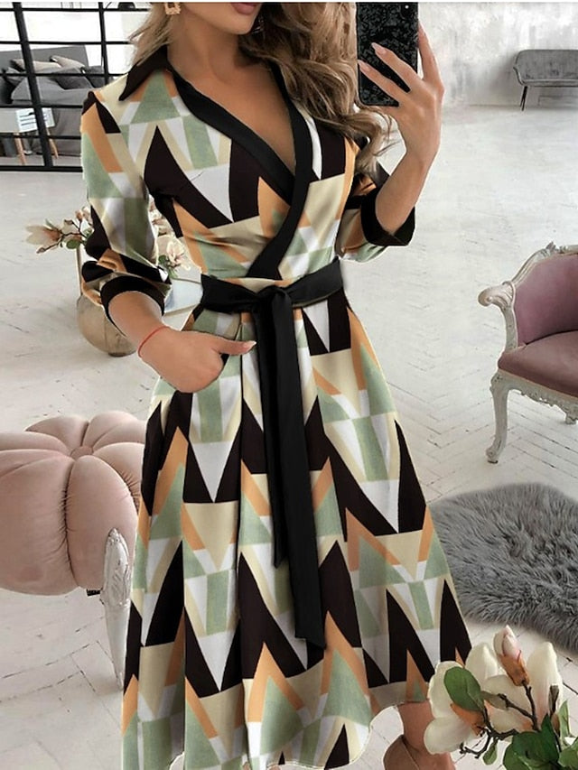 Work Dress Formal Dress Wrap Dress Midi Dress Letter printing Butterfly print Big wave point Long Sleeve Graphic Lace up Summer Spring Shirt Collar Fashion Winter Dress Office Fall Dress  for Women - LuckyFash™