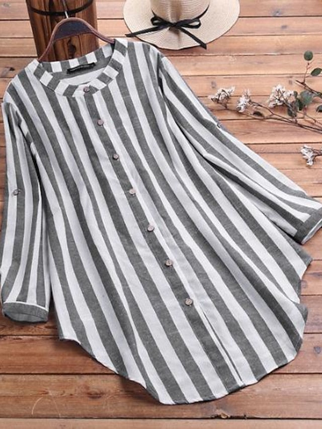 Women's Shirt Blouse Black Blue Gray Stripe Button Long Sleeve Daily Vacation Casual Crew Neck L - LuckyFash™