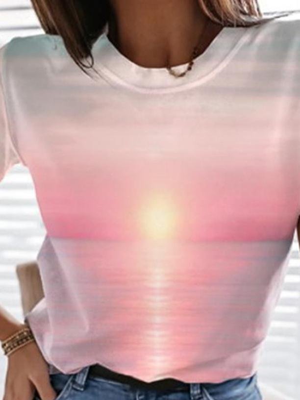 Ocean Landscape Print Crew Neck T-Shirt - LuckyFash™