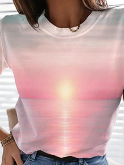 Ocean Landscape Print Crew Neck T-Shirt - LuckyFash™