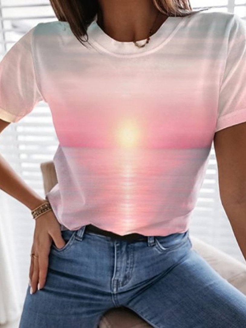 Ocean Landscape Print Crew Neck T-Shirt - LuckyFash™