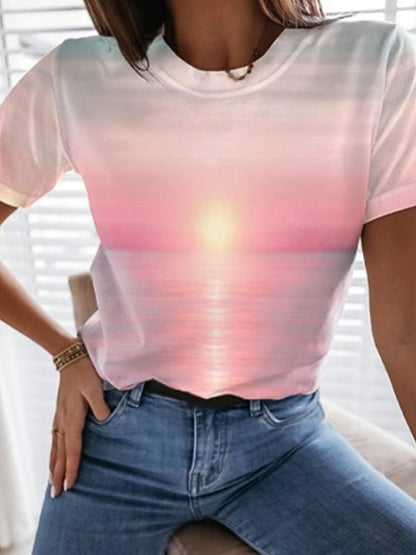 Ocean Landscape Print Crew Neck T-Shirt - LuckyFash™