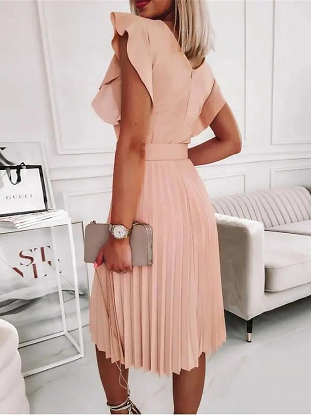 Women's Work Dress Semi Formal Dress Fashion Midi Dress Ruffle Crew Neck Short Sleeve Plain Regular Fit Pink Fuchsia Orange Spring Summer S M L XL XXL - LuckyFash™