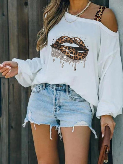 Off Shoulder Leopard Lips Print Long Sleeve Loose T-shirt - LuckyFash™