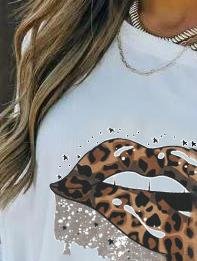 Off Shoulder Leopard Lips Print Long Sleeve Loose T-shirt - LuckyFash™