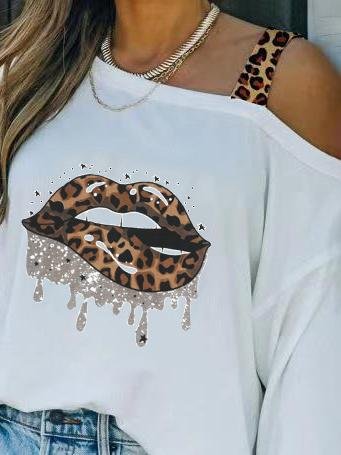 Off Shoulder Leopard Lips Print Long Sleeve Loose T-shirt - LuckyFash™