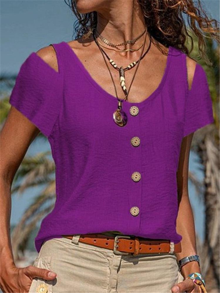 Off-shoulder Solid Round Neck Short-sleeved Button T-shirts - LuckyFash™