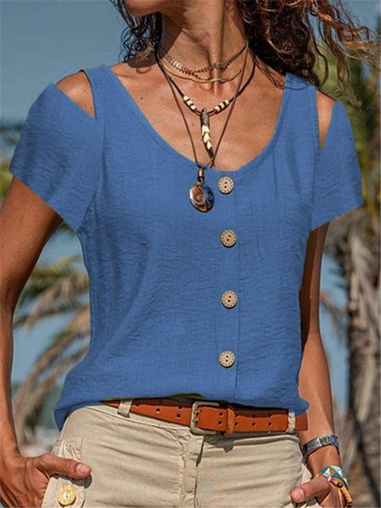 Off-shoulder Solid Round Neck Short-sleeved Button T-shirts - LuckyFash™