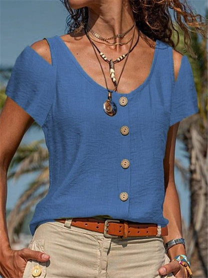 Off-shoulder Solid Round Neck Short-sleeved Button T-shirts - LuckyFash™