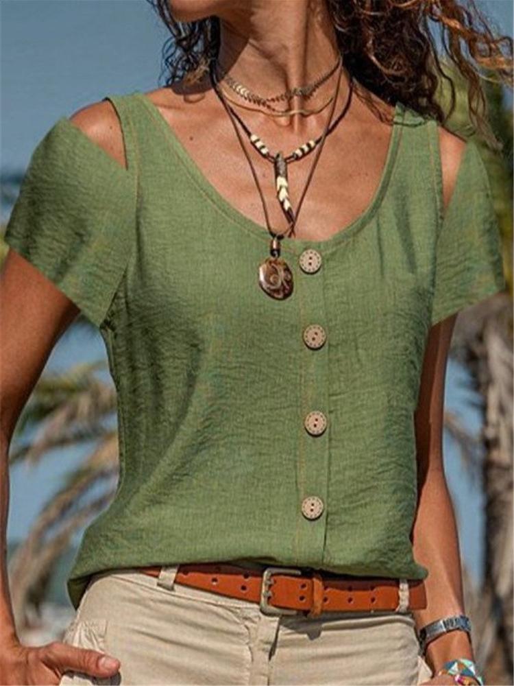 Off-shoulder Solid Round Neck Short-sleeved Button T-shirts - LuckyFash™
