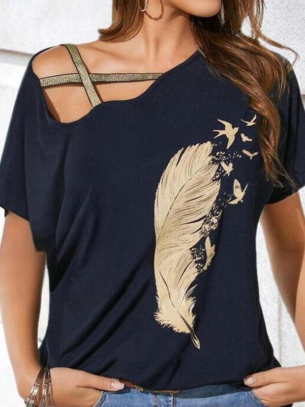 Off-shoulder Webbing Feather Print T-shirt - LuckyFash™