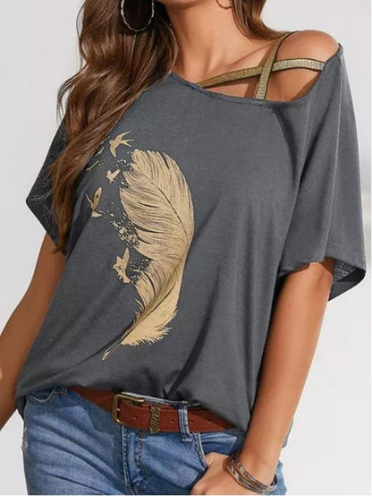 Off-shoulder Webbing Feather Print T-shirt - LuckyFash™