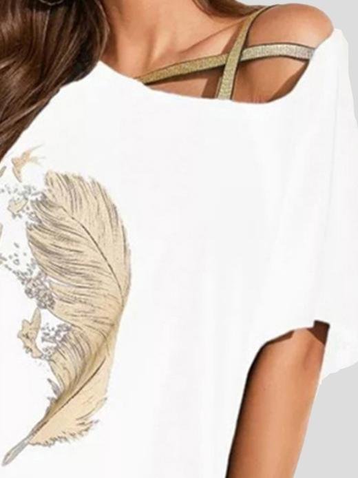 Off-shoulder Webbing Feather Print T-shirt - LuckyFash™