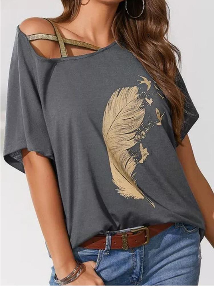 Off-shoulder Webbing Feather Print T-shirt - LuckyFash™