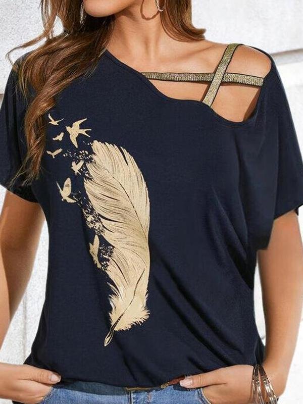 Off-shoulder Webbing Feather Print T-shirt - LuckyFash™