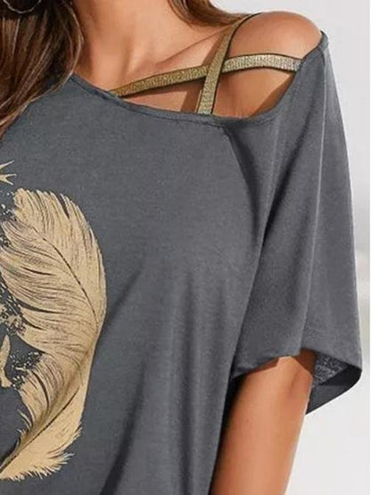 Off-shoulder Webbing Feather Print T-shirt - LuckyFash™