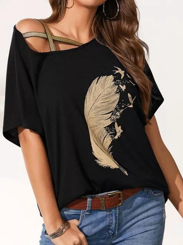 Off-shoulder Webbing Feather Print T-shirt - LuckyFash™