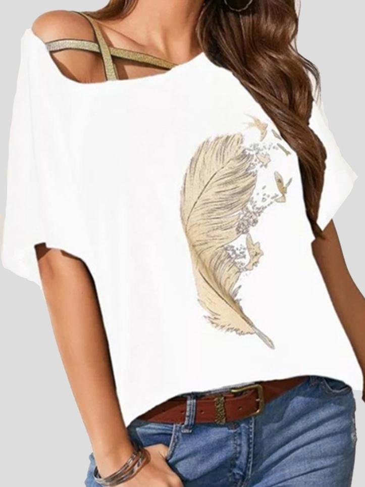 Off-shoulder Webbing Feather Print T-shirt - LuckyFash™