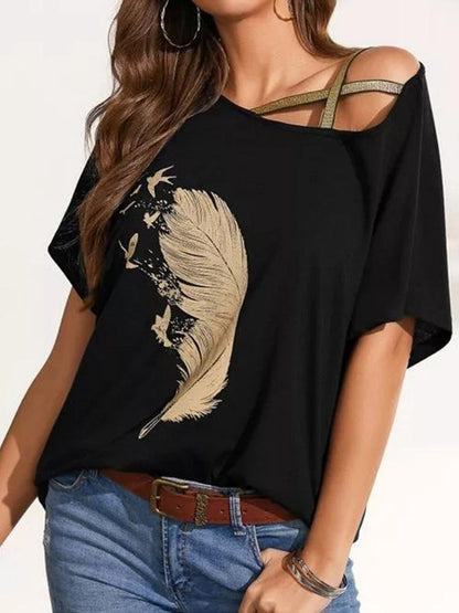 Off-shoulder Webbing Feather Print T-shirt - LuckyFash™