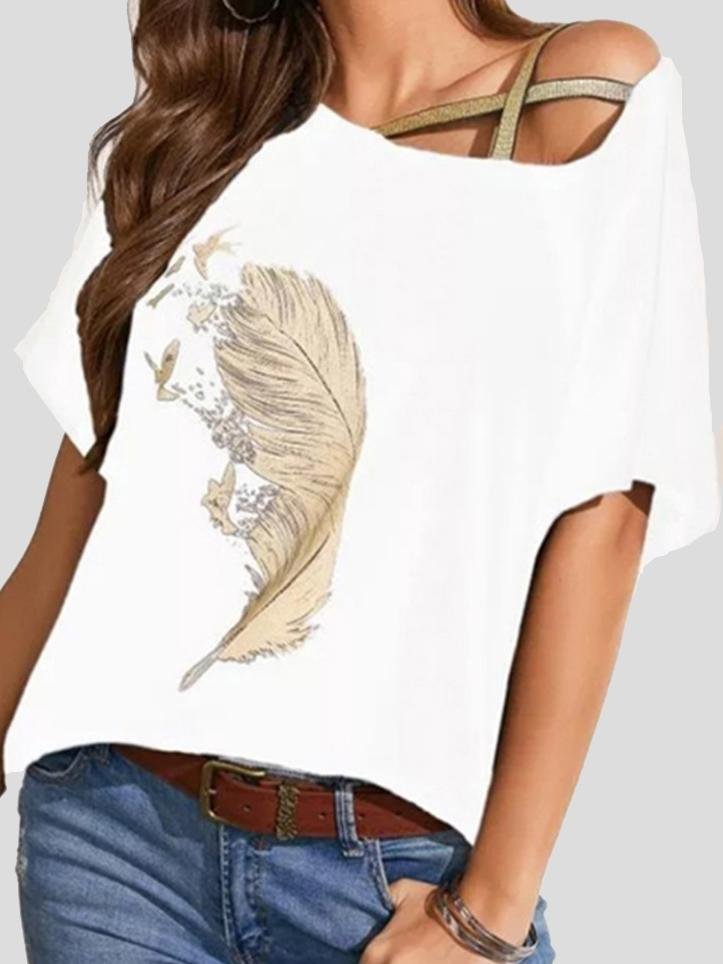 Off-shoulder Webbing Feather Print T-shirt - LuckyFash™