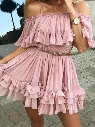 Off The Shoulder Short Sleeve Suspender Casual Dress - LuckyFash™