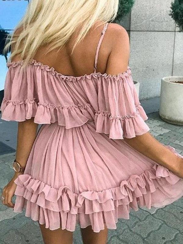 Off The Shoulder Short Sleeve Suspender Casual Dress - LuckyFash™