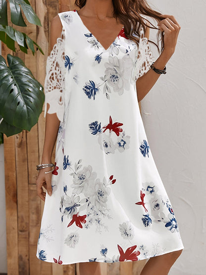 Off The Shoulder Short Sleeve V-Neck Floral Print Dress - LuckyFash™