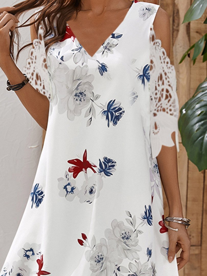 Off The Shoulder Short Sleeve V-Neck Floral Print Dress - LuckyFash™
