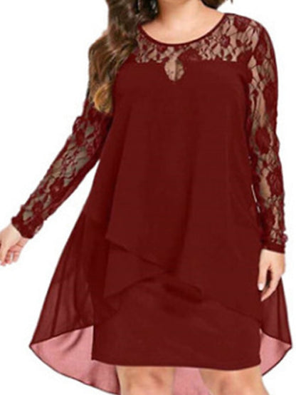 Women's Black Blue Wine Long Sleeve Pure Color Lace Fall Crew Neck Winter Dress Fall Dress XL XXL 3XL 4XL 5XL - LuckyFash™