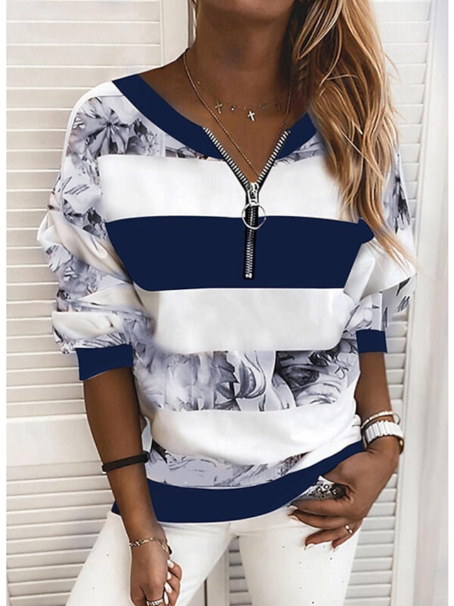 Women's Blouse Striped Color Block Daily Blouse Shirt Long Sleeve Print V Neck Loose Blue Pink Yellow S - LuckyFash™