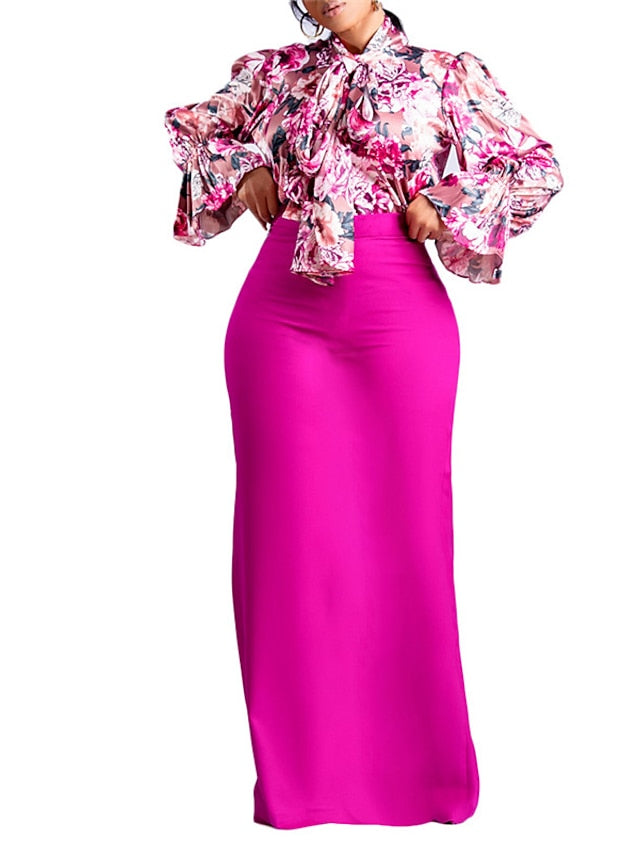 Women's Work Dress Two Piece Dress Sheath Dress Long Dress Maxi Dress Pink Blue Fuchsia Long Sleeve Floral Lace up Winter Fall Spring Stand Collar Fashion 2023 S M L XL 2XL 3XL - LuckyFash™