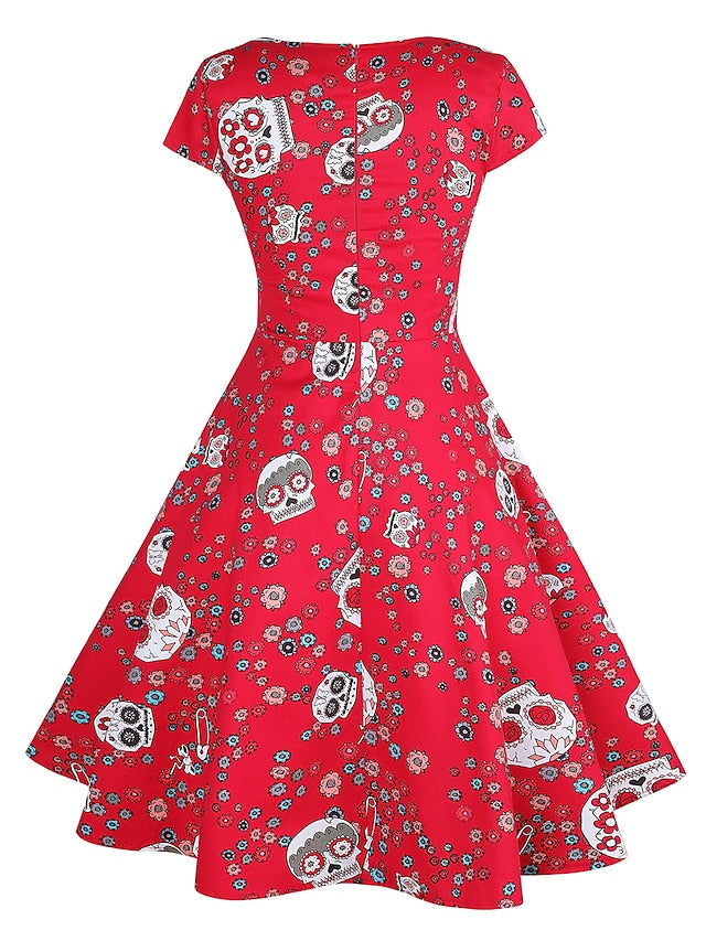 Women's 1950s Vintage Vintage Dress Midi Dress Going out Summer Dress Print Bull One Shoulder Short Sleeve Regular Fit Summer Spring 2023 Red S M L XL - LuckyFash™