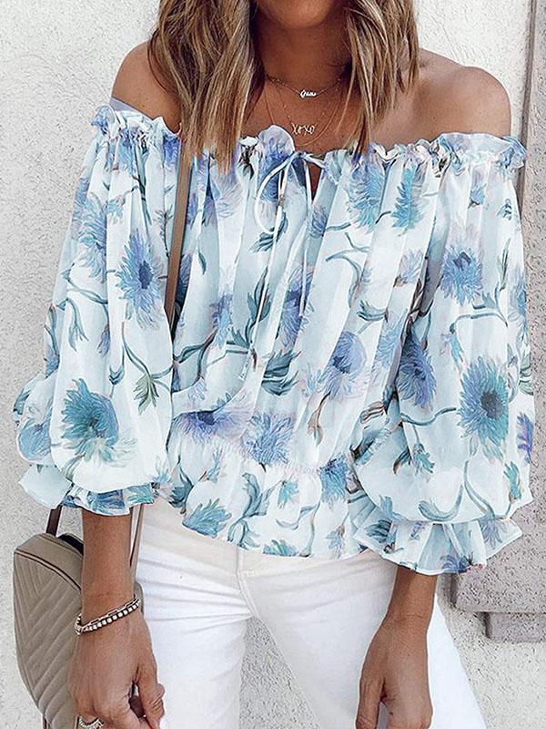 One-line Neck Floral Print Long-sleeved Chiffon Shirt - LuckyFash™