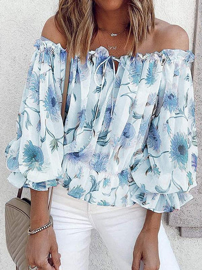 One-line Neck Floral Print Long-sleeved Chiffon Shirt - LuckyFash™