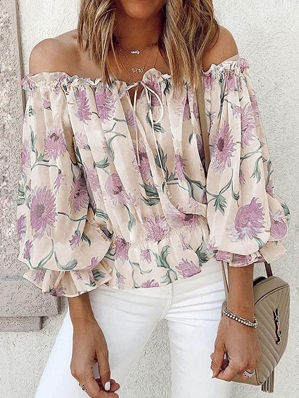 One-line Neck Floral Print Long-sleeved Chiffon Shirt - LuckyFash™