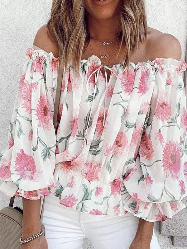 One-line Neck Floral Print Long-sleeved Chiffon Shirt - LuckyFash™
