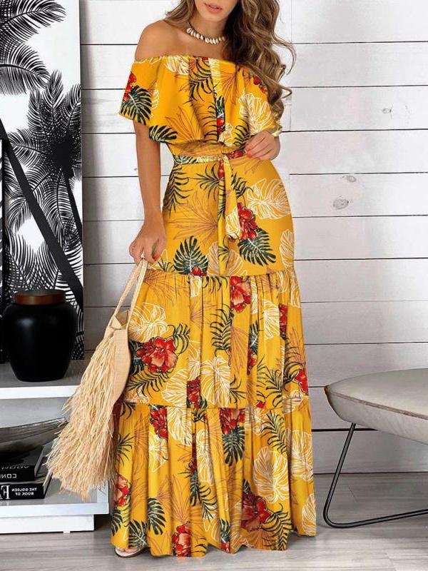 One-Line Neck Strapless Short Sleeve Dress - LuckyFash™