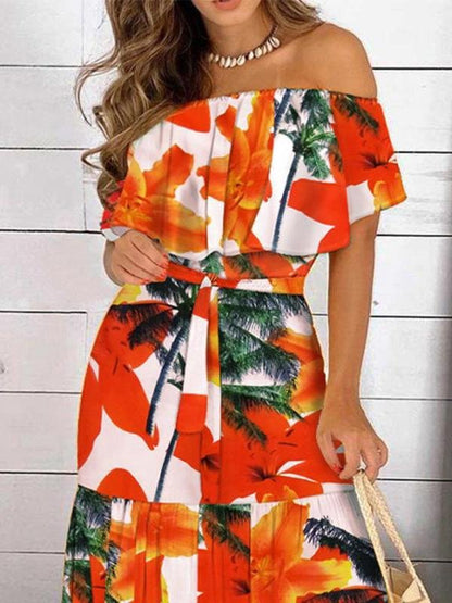 One-Line Neck Strapless Short Sleeve Dress - LuckyFash™