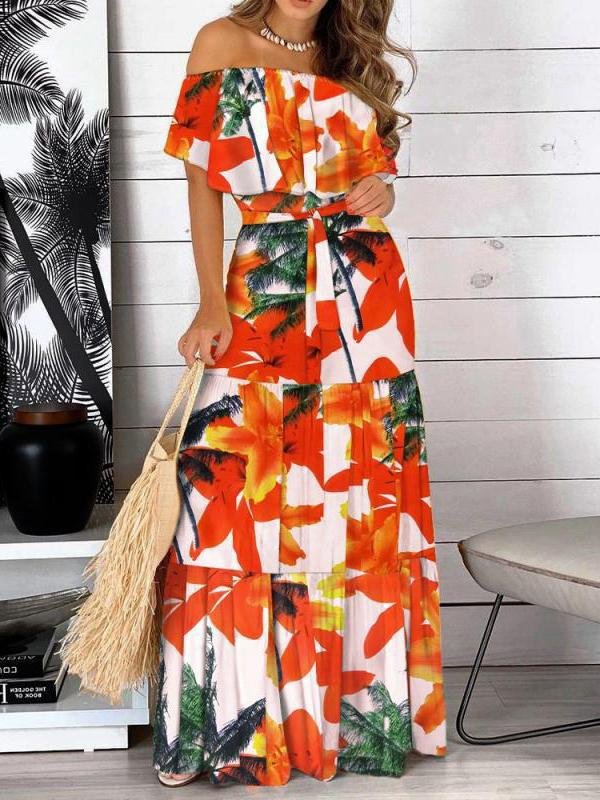 One-Line Neck Strapless Short Sleeve Dress - LuckyFash™
