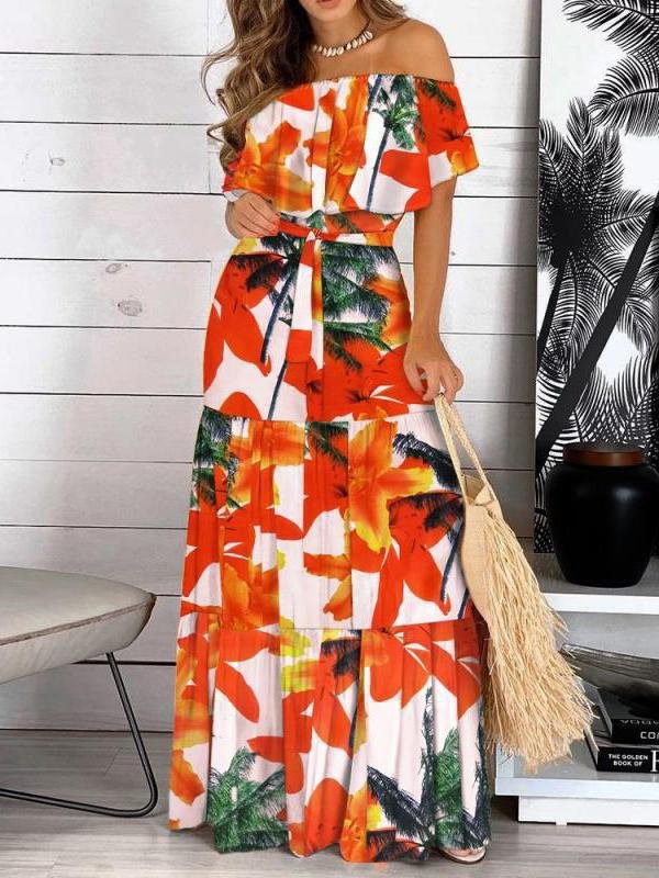 One-Line Neck Strapless Short Sleeve Dress - LuckyFash™
