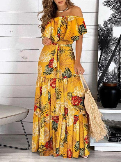 One-Line Neck Strapless Short Sleeve Dress - LuckyFash™