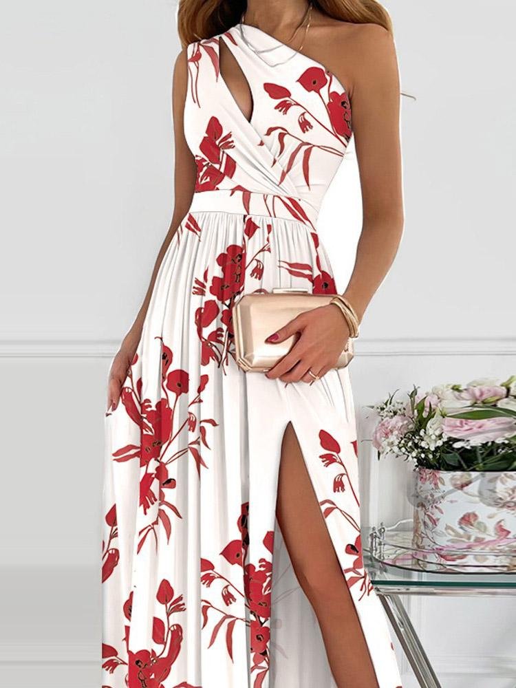 One-Shoulder Hollow High Slit Print Maxi Dress - LuckyFash™