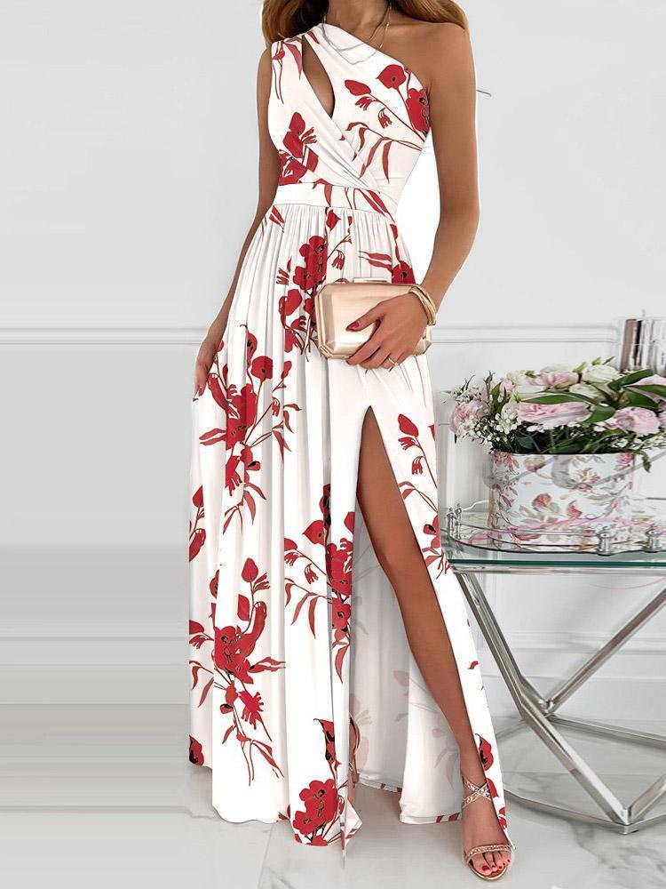 One-Shoulder Hollow High Slit Print Maxi Dress - LuckyFash™