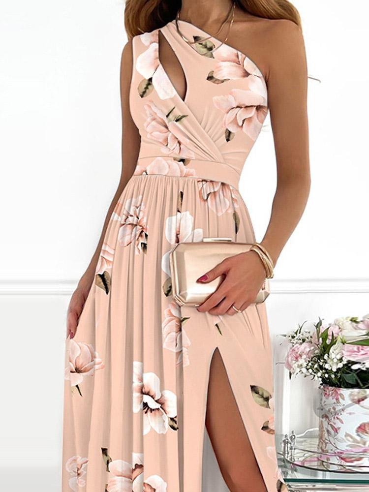 One-Shoulder Hollow High Slit Print Maxi Dress - LuckyFash™