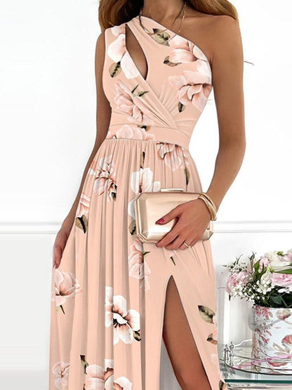 One-Shoulder Hollow High Slit Print Maxi Dress - LuckyFash™