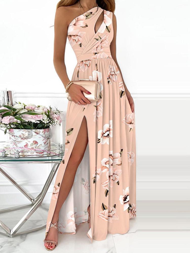 One-Shoulder Hollow High Slit Print Maxi Dress - LuckyFash™