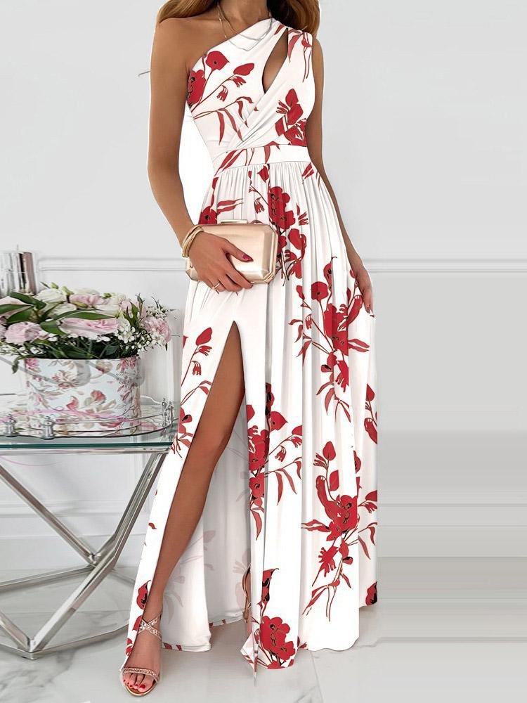 One-Shoulder Hollow High Slit Print Maxi Dress - LuckyFash™