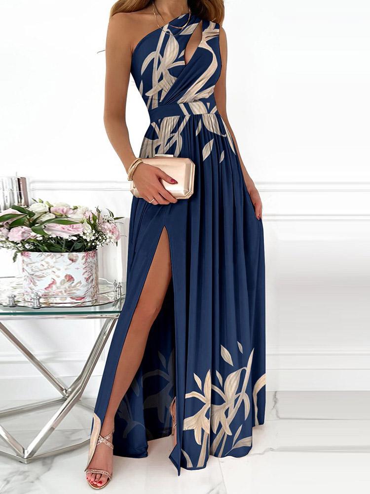 One-Shoulder Hollow High Slit Print Maxi Dress - LuckyFash™